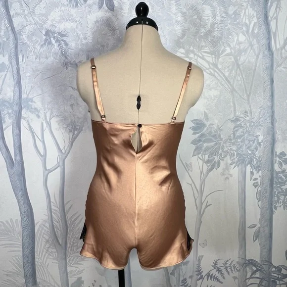 Victoria’s Secret Gold Bronze Silky Satin Lace Trim Teddy Romper Playsuit XS